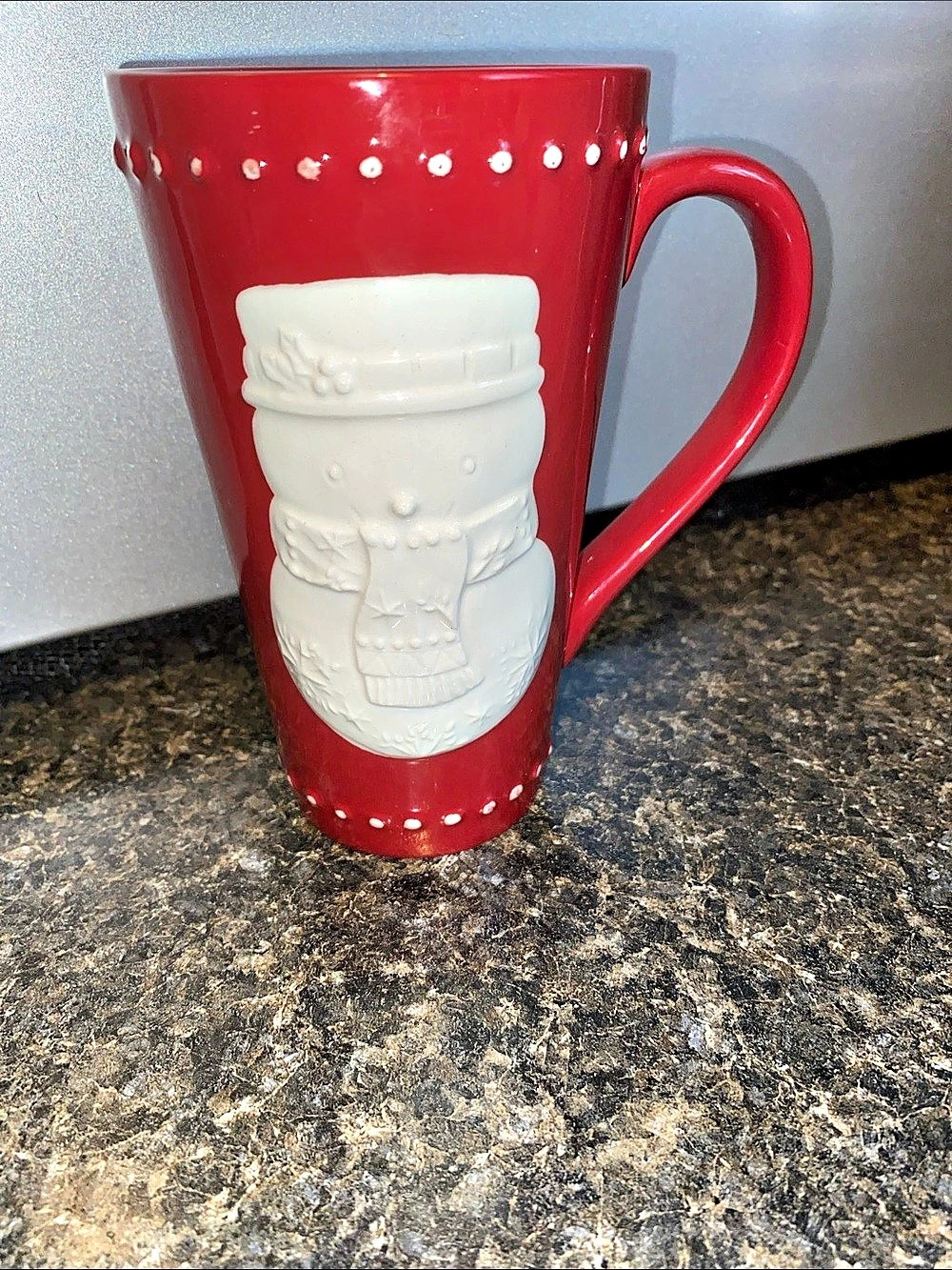 Hallmark Tall Red Coffee Mug With White Embossed Snowman 6”